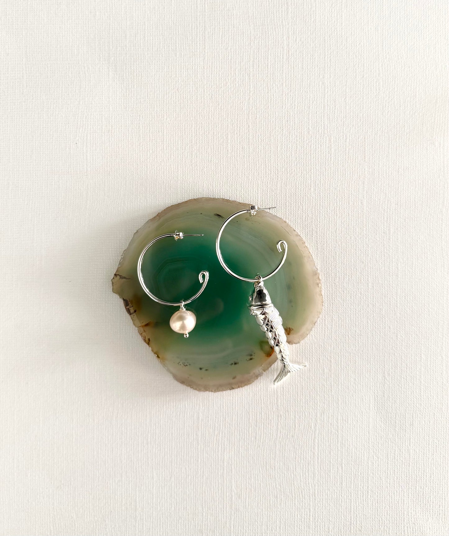 Silver hoops with fish and pearl