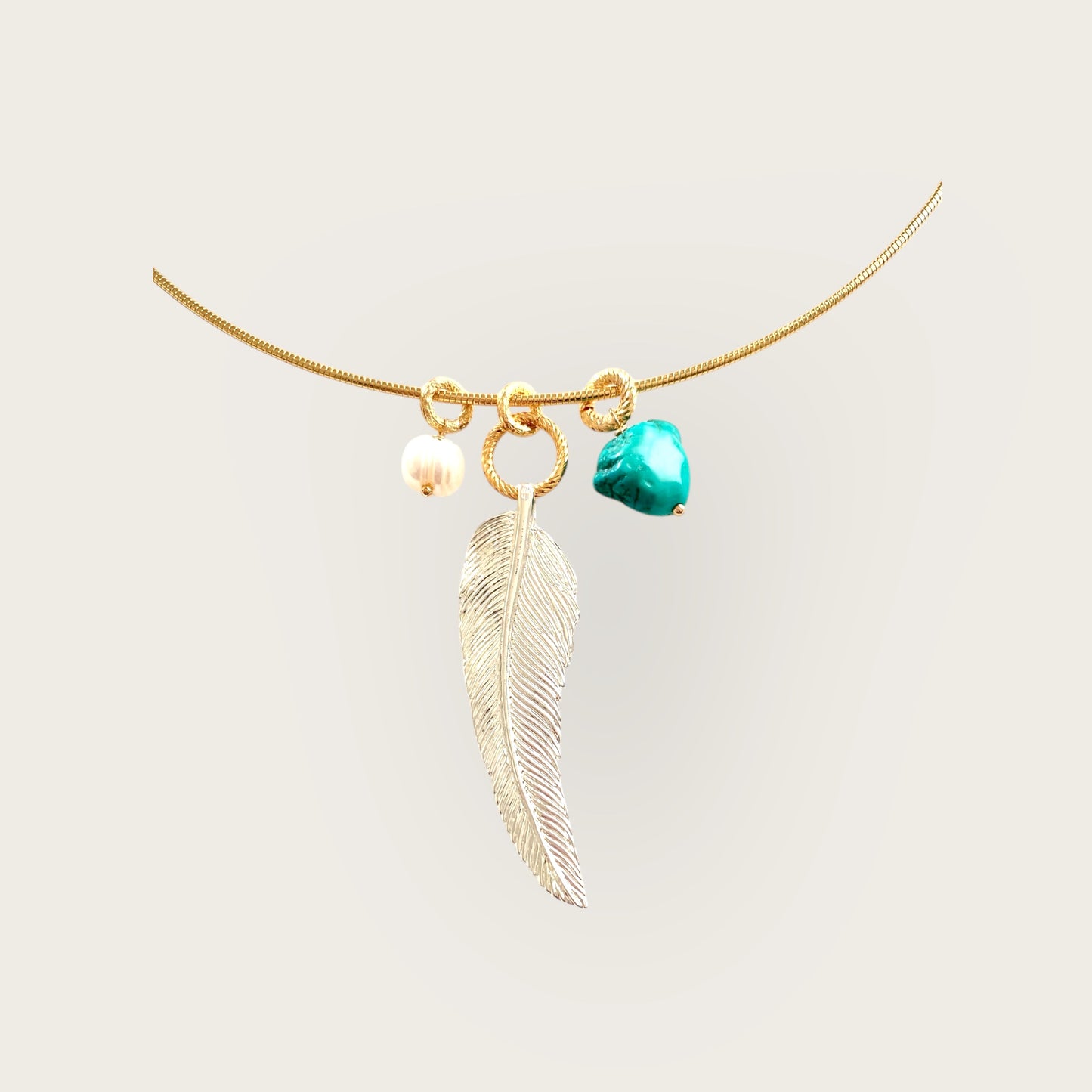 Necklace with feather and turquoise pendant
