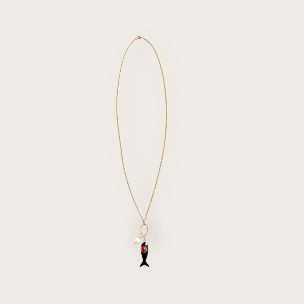 Necklace with black enamel fish and gemstones