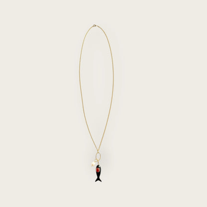 Necklace with black enamel fish and gemstones