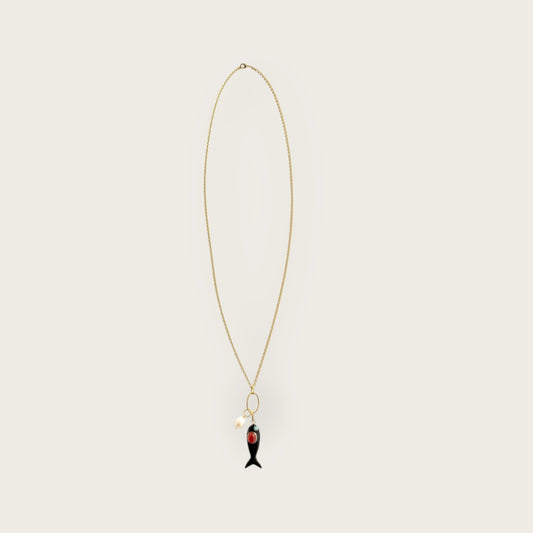 Necklace with black enamel fish and gemstones