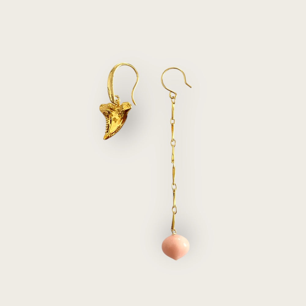 Earring with onion shape Coral drop and Tooth