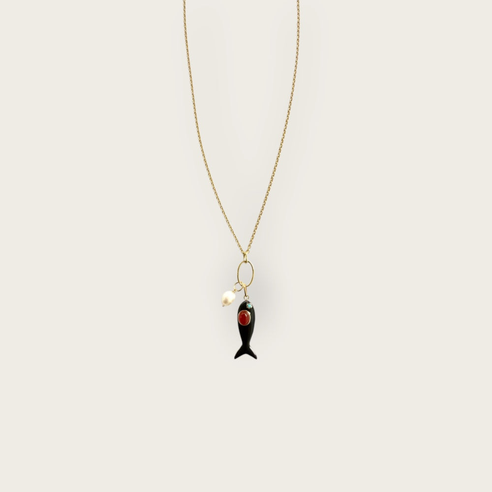 Necklace with black enamel fish and gemstones