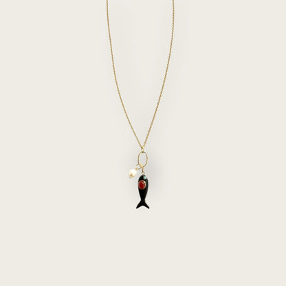 Necklace with black enamel fish and gemstones